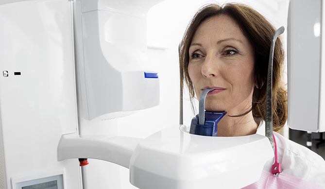 Woman receiving 3 D C T cone beam scan